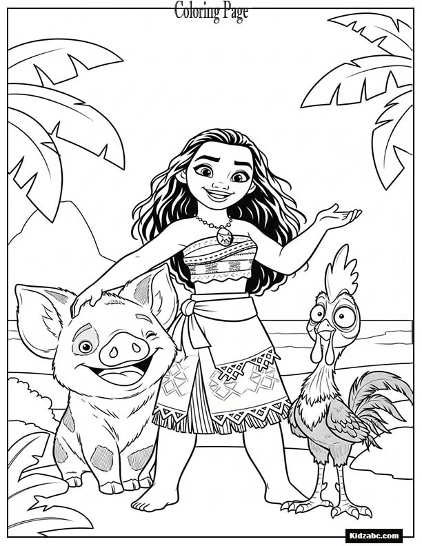 Moana, Pua, and Hei Hei posing together for a fun picture