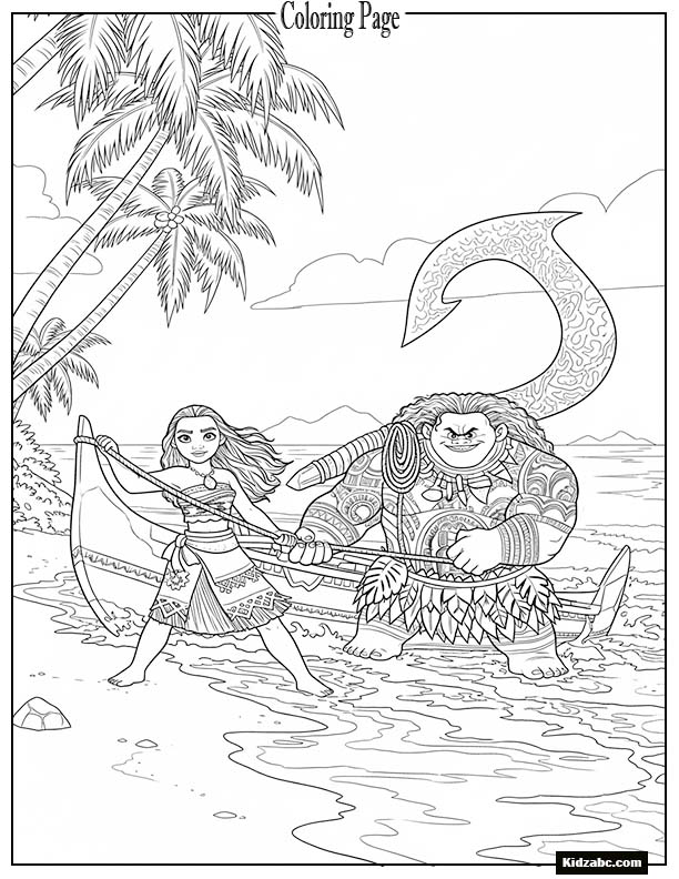 Moana and Maui pulling their canoe together onshore