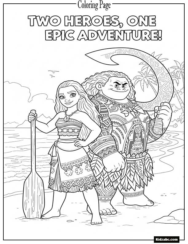 Moana and Maui standing proudly back to back on the beach