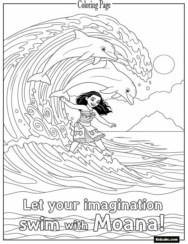 Moana and dolphins jumping together in the waves