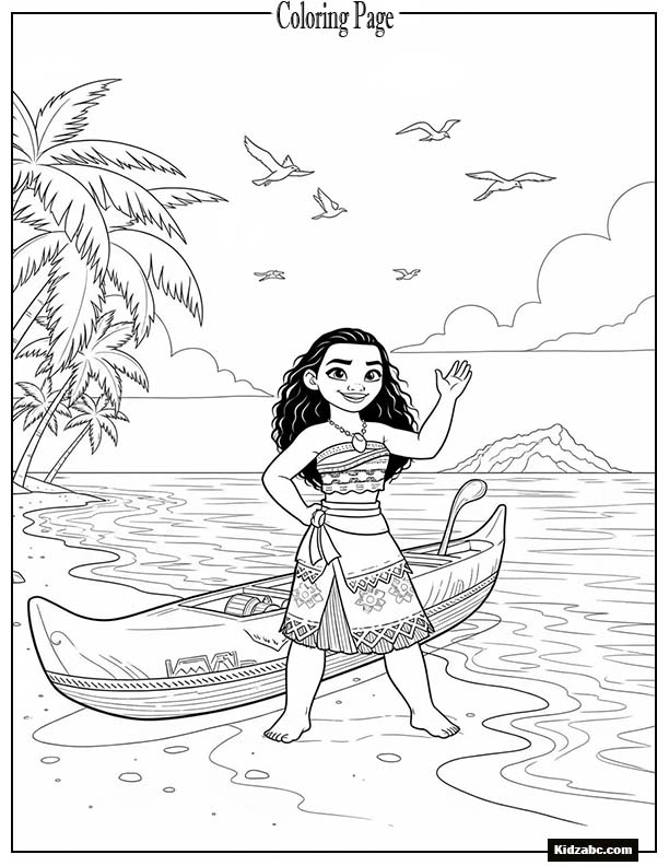 Moana and her canoe beside calm waves