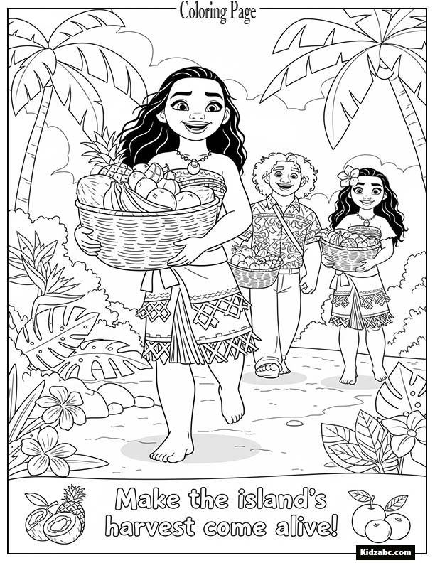 Moana carrying fruit baskets with her friends
