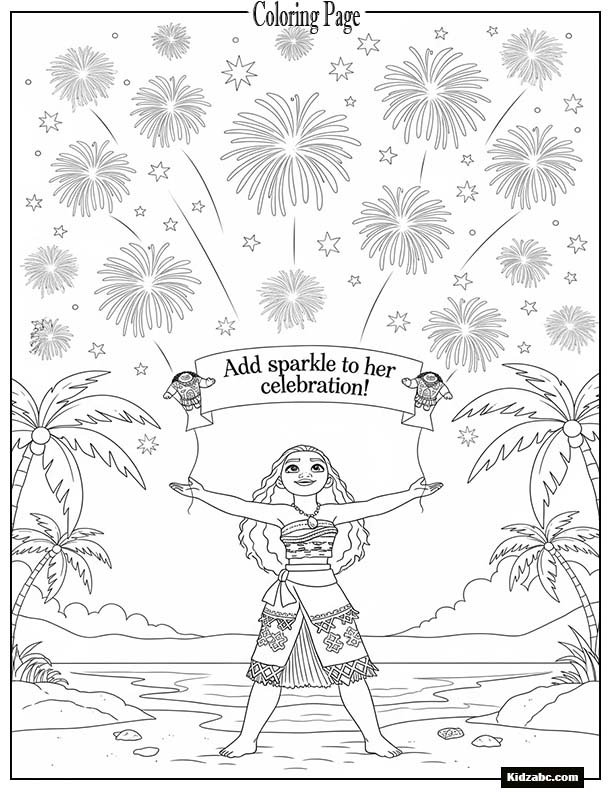 Moana celebrating under fireworks on the beach
