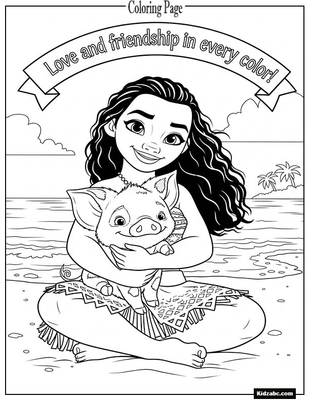 Moana cuddling her pet pig Pua on the beach