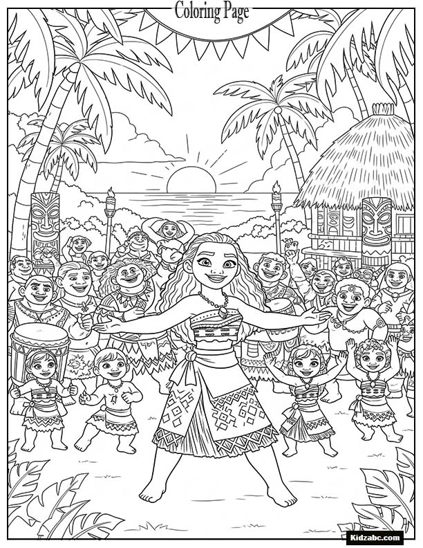 Moana dancing with villagers at a tropical festival