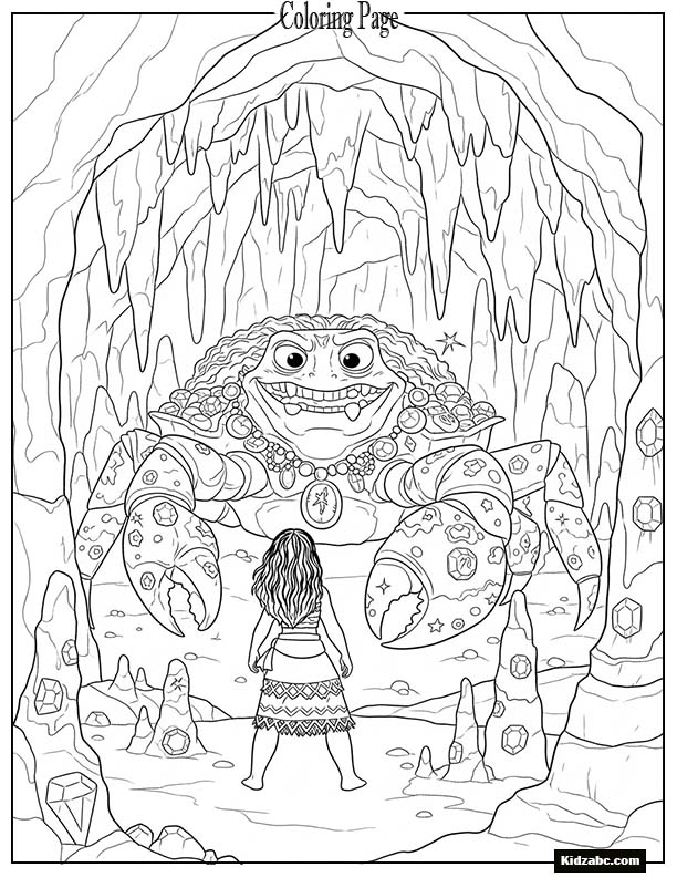 Moana facing a giant crab Tamatoa in his shiny cave