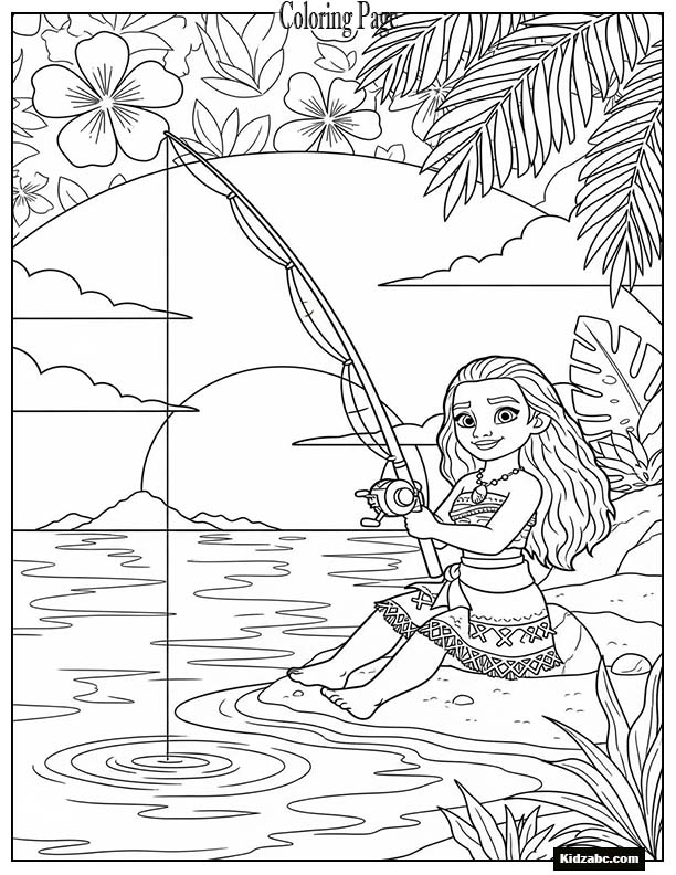 Moana fishing beside calm blue water