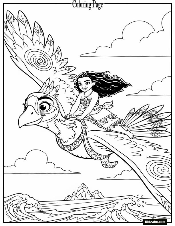 Moana flying on the back of a giant bird