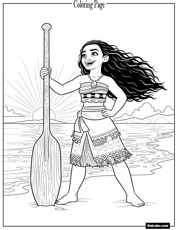 Moana holding her oar, smiling at the horizon