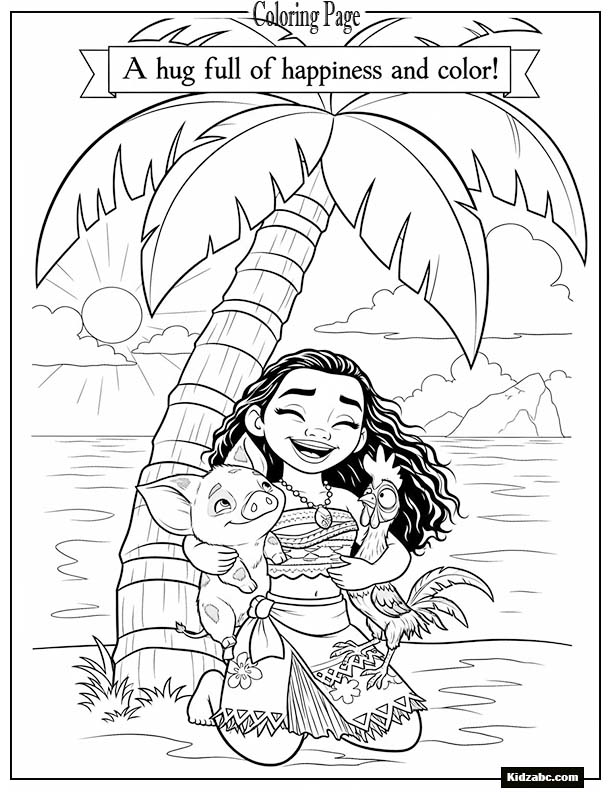 Moana hugging both Pua and Hei under a palm tree