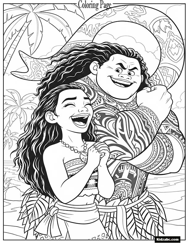 Moana laughing as Maui shows off his tattoos