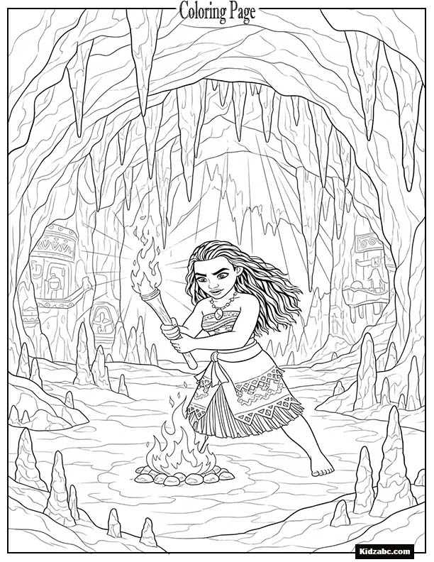 Moana lighting a torch inside a mysterious cave
