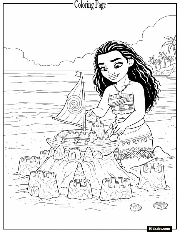 Moana making a sandcastle shaped like her canoe