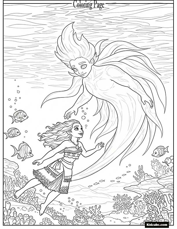 Moana meeting a glowing sea spirit underwater