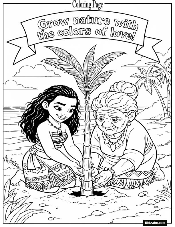 Moana planting a coconut tree with her grandmother