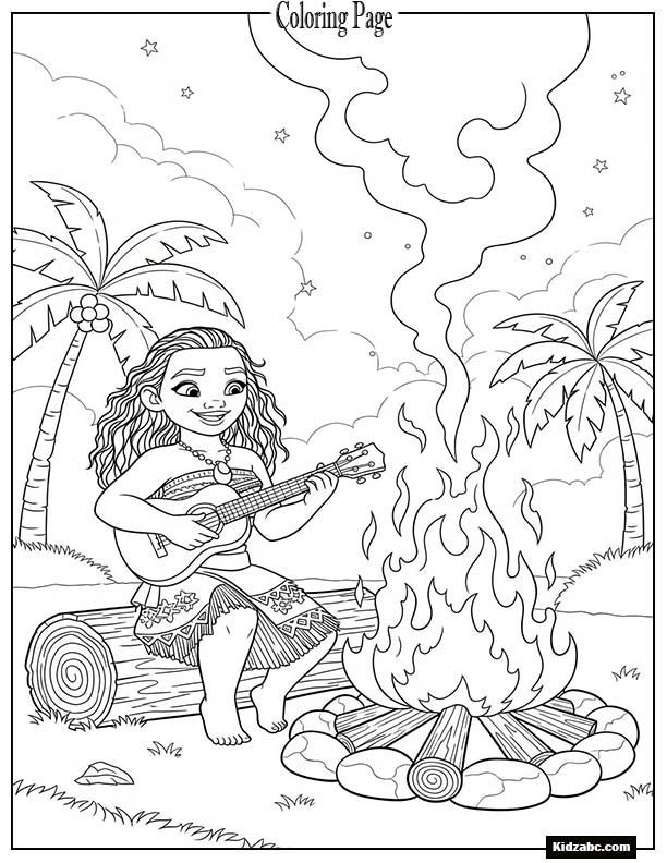 Moana playing ukulele near the bonfire
