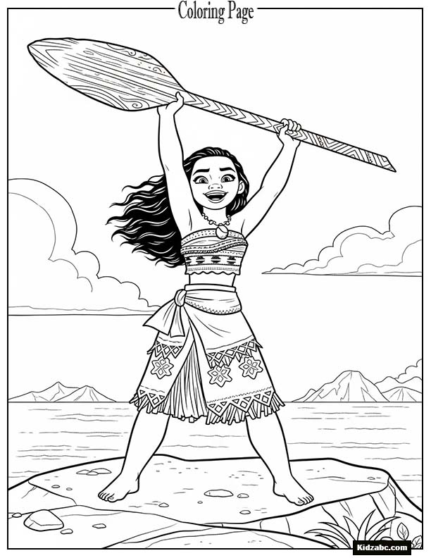 Moana raising her oar high in victory