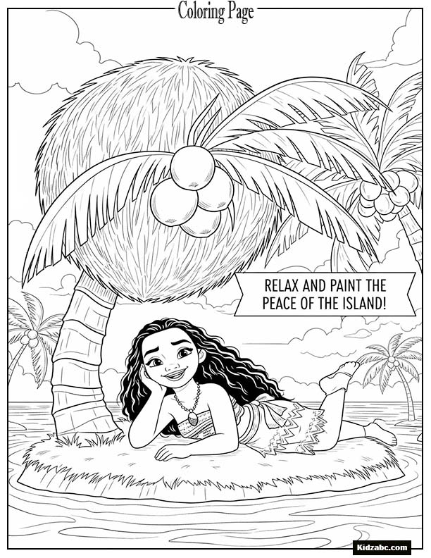 Moana resting under a coconut tree, smiling