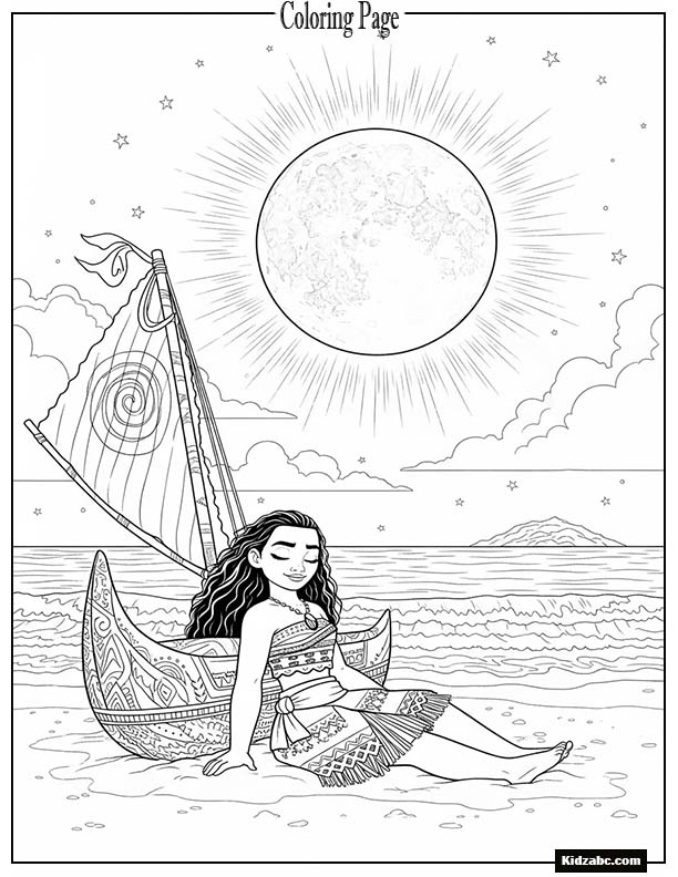 Moana resting under a glowing moon beside her canoe