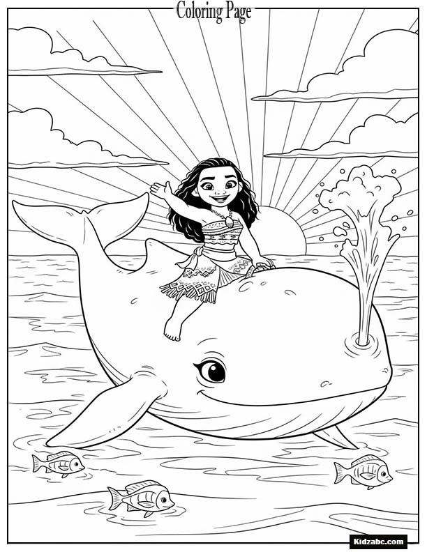 Moana riding a friendly whale’s back