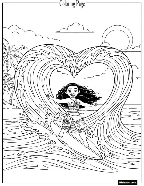 Moana riding a wave shaped like a giant heart