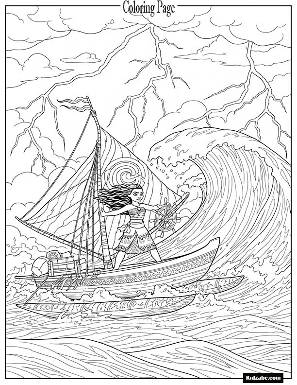 Moana sailing through a storm, determined and strong