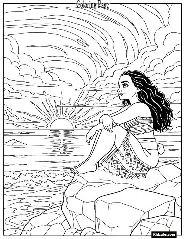 Moana sitting on a rock watching a sunset over the ocean