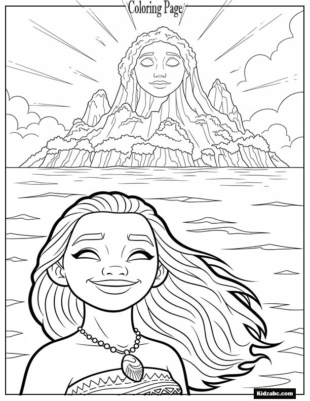 Moana smiling at Te Fiti’s glowing island in the distance