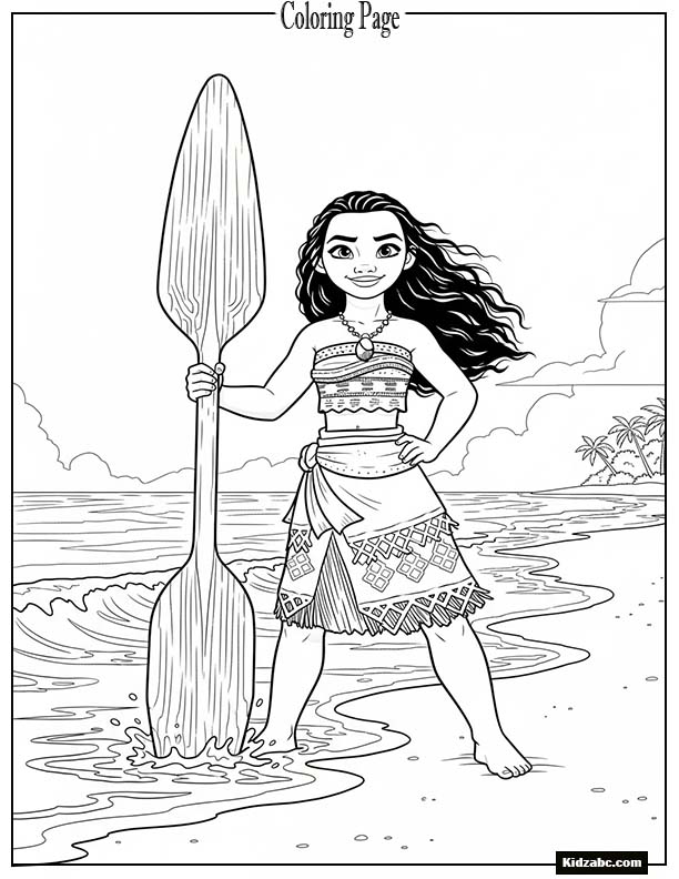 Moana standing confidently on a sandy beach with her oar