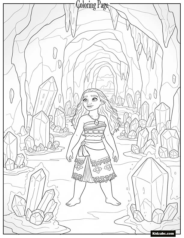 Moana standing in a glowing cave full of crystals