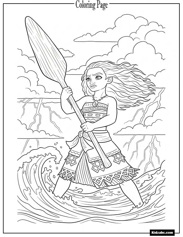 Moana standing in a storm, holding her oar bravely