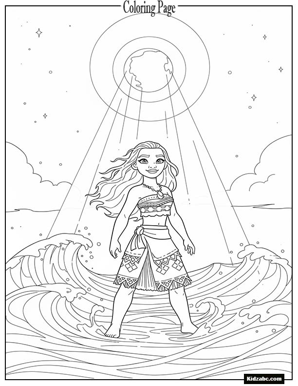 Moana standing on glowing waves under moonlight