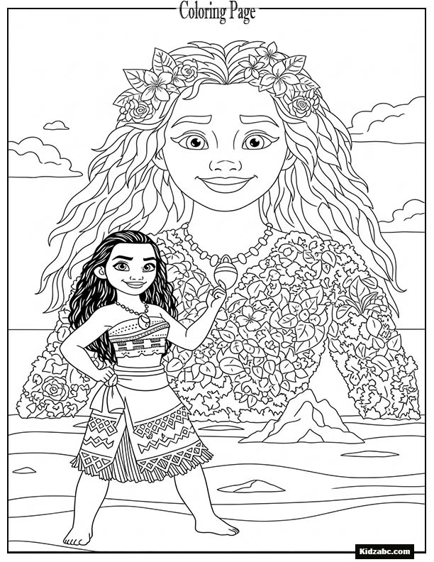 Moana standing proudly with Te Fiti smiling behind her
