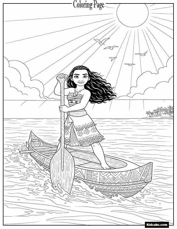 Moana steering her canoe across calm ocean waves under a bright sun