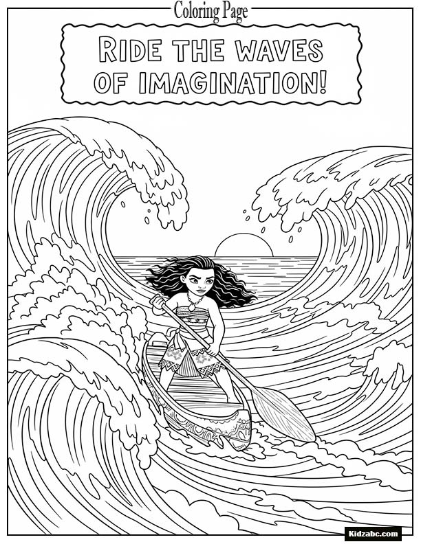 Moana steering her canoe through huge waves