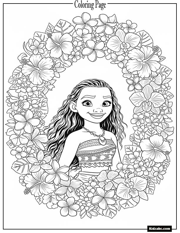 Moana surrounded by island flowers in full bloom