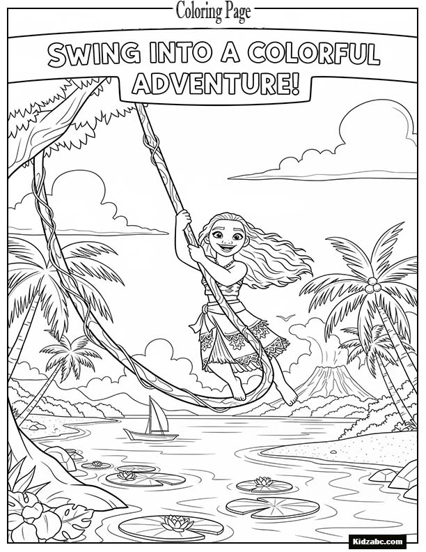 Moana swinging from a vine over the lagoon