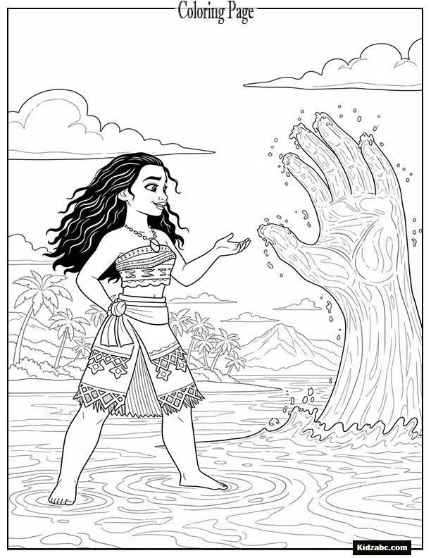 Moana talking to the ocean spirit, a glowing water hand