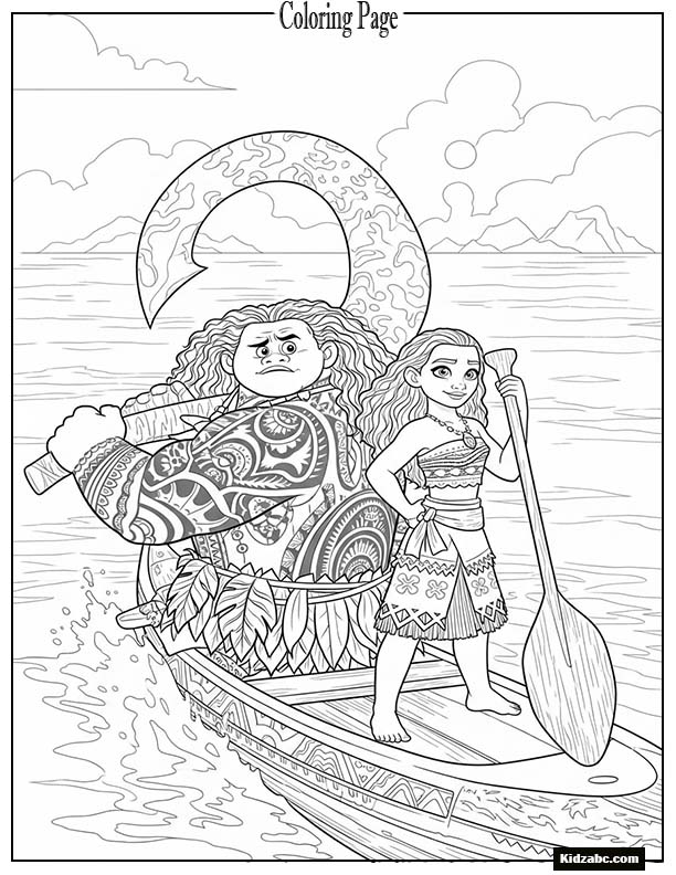 Moana teaching Maui how to steer a canoe