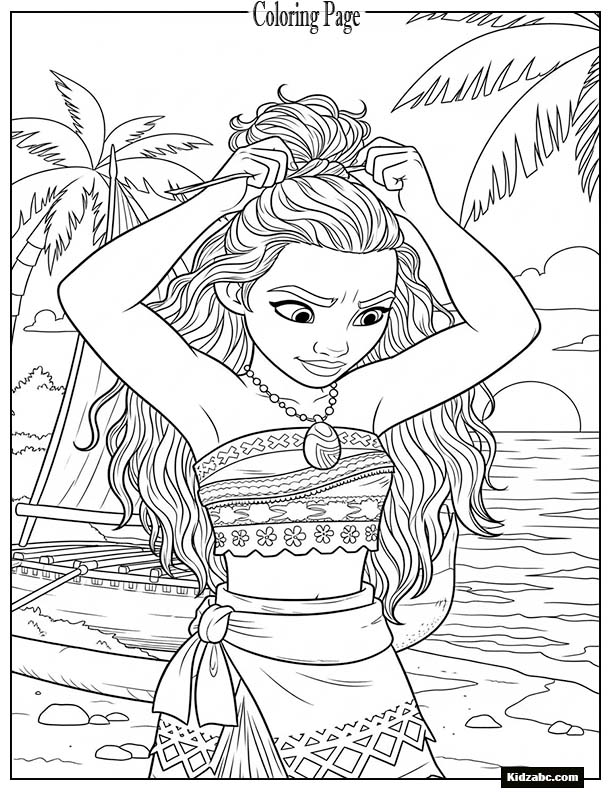 Moana tying her hair before setting sail on a new journey
