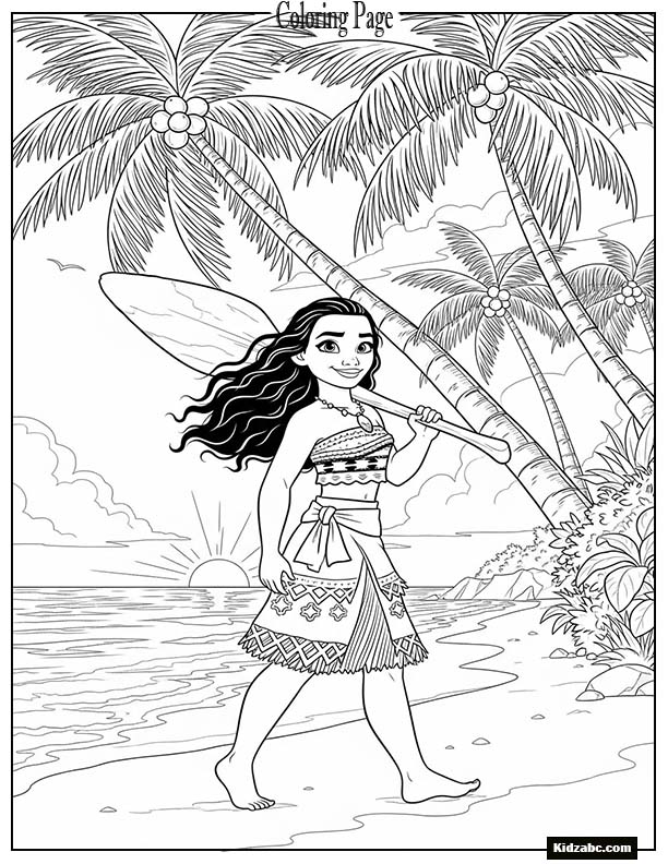 Moana walking barefoot on the beach under palm trees