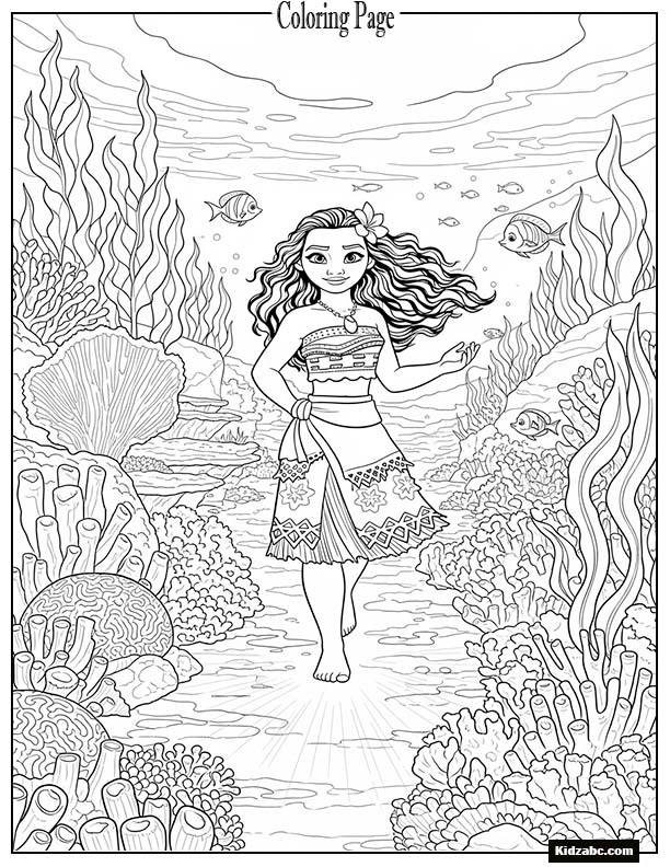 Moana walking on glowing coral underwater