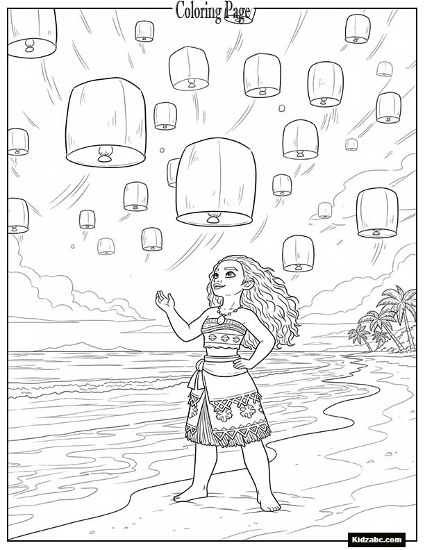 Moana watching glowing lanterns rise into the sky