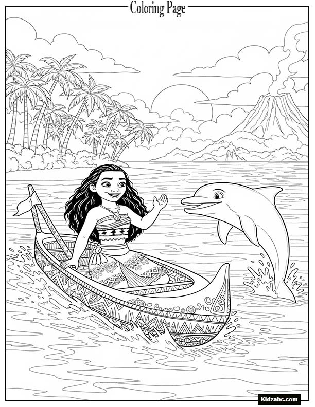 Moana with a friendly dolphin jumping beside her canoe