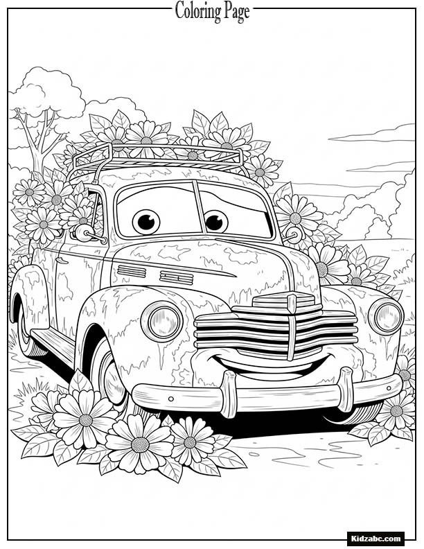 Old rusty car with a friendly smile and flowers growing nearby