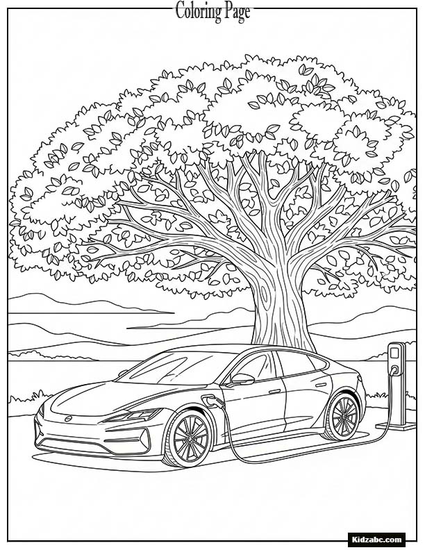Sleek electric car charging under a tree