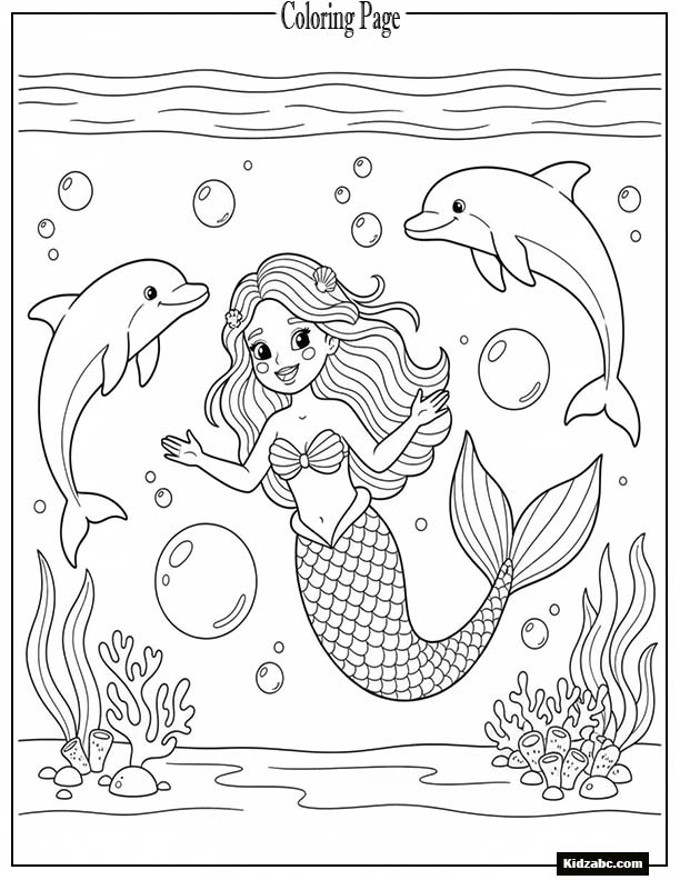 Smiling mermaid swimming with two dolphins