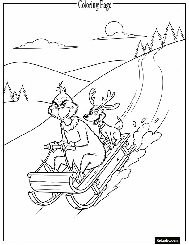 The Grinch and Max riding a sled downhill