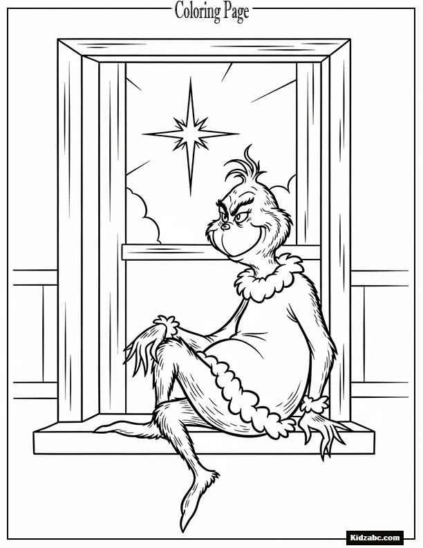 The Grinch at a window sill with a star shining through