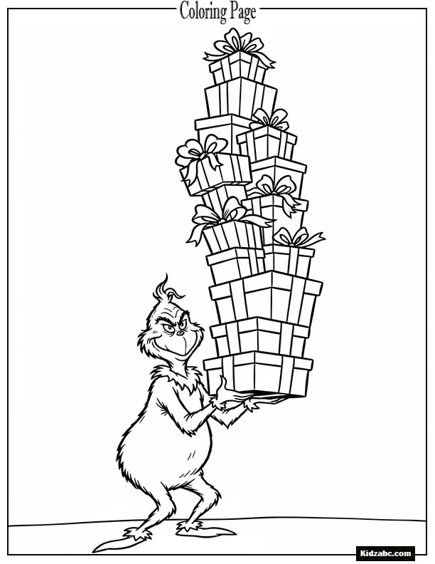 The Grinch carrying a stack of gifts